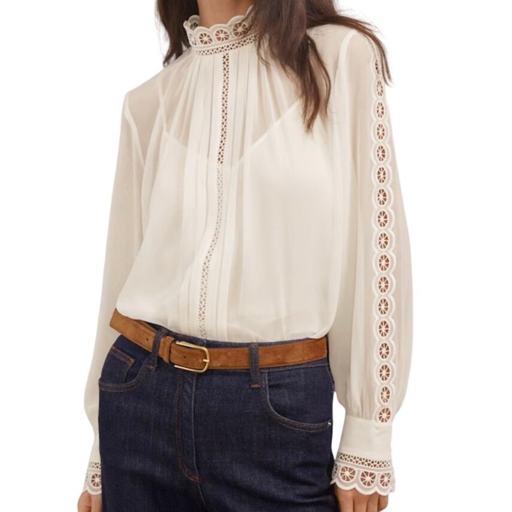 Reiss Ori White Lace Trim  Blouse High Neck Eyelet Sheer Top Womens US 10 NWOT